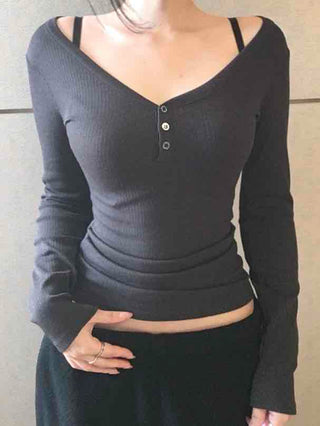 Slim Button Point Square Neck Ribbed Long Sleeve Tee