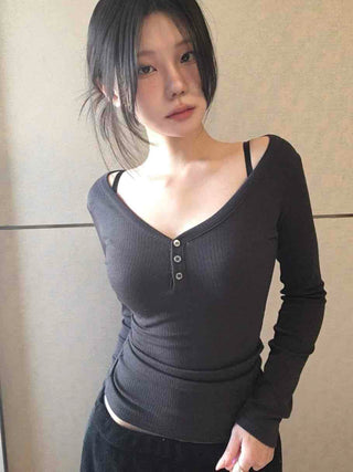 Slim Button Point Square Neck Ribbed Long Sleeve Tee