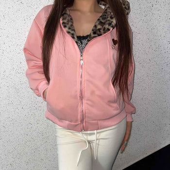 Leopard hooded zip-up jumper