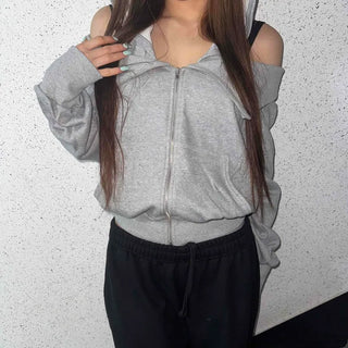 Shoulder Cutout Slim Fit Zip-Up Hoodie