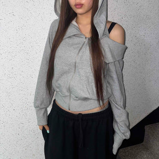 Shoulder Cutout Slim Fit Zip-Up Hoodie