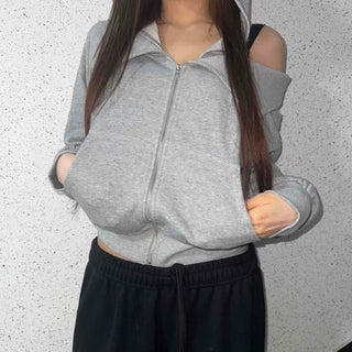 Shoulder Cutout Slim Fit Zip-Up Hoodie