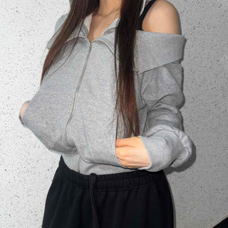 Shoulder Cutout Slim Fit Zip-Up Hoodie