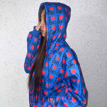 EMO Lettering Heart Graphic Oversized Zip-Up Hoodie