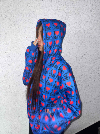 EMO Lettering Heart Graphic Oversized Zip-Up Hoodie