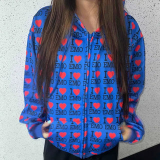 EMO Lettering Heart Graphic Oversized Zip-Up Hoodie