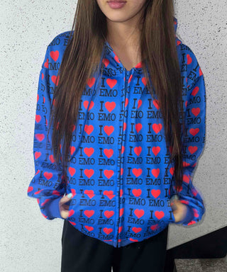 EMO Lettering Heart Graphic Oversized Zip-Up Hoodie