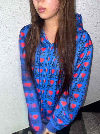 EMO Lettering Heart Graphic Oversized Zip-Up Hoodie