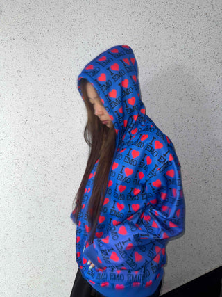 EMO Lettering Heart Graphic Oversized Zip-Up Hoodie