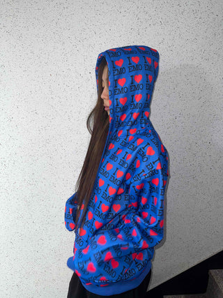 EMO Lettering Heart Graphic Oversized Zip-Up Hoodie