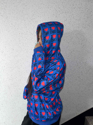 EMO Lettering Heart Graphic Oversized Zip-Up Hoodie