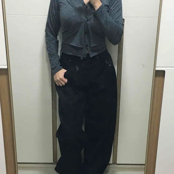Stitch Point Back Buckle Simple Loose Fit Straight Long Pants