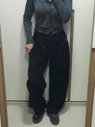 Stitch Point Back Buckle Simple Loose Fit Straight Long Pants