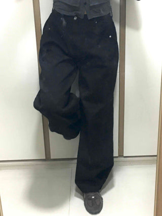 Stitch Point Back Buckle Simple Loose Fit Straight Long Pants
