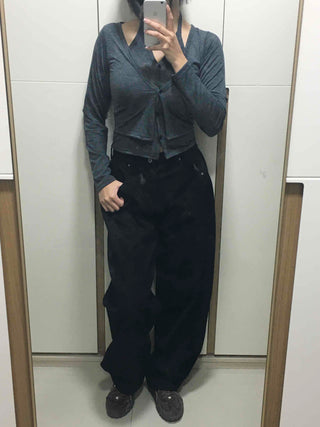 Stitch Point Back Buckle Simple Loose Fit Straight Long Pants