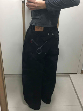 Stitch Point Back Buckle Simple Loose Fit Straight Long Pants