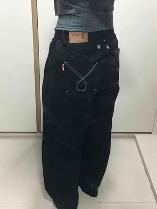 Stitch Point Back Buckle Simple Loose Fit Straight Long Pants