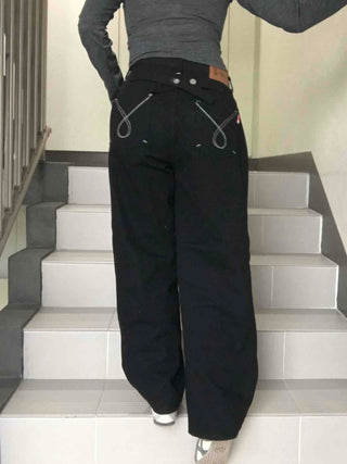 Stitch Point Back Buckle Simple Loose Fit Straight Long Pants