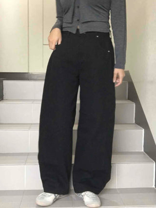 Stitch Point Back Buckle Simple Loose Fit Straight Long Pants