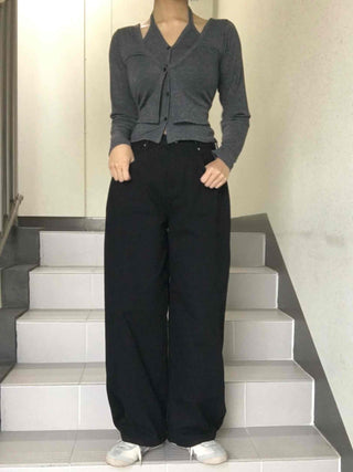 Stitch Point Back Buckle Simple Loose Fit Straight Long Pants