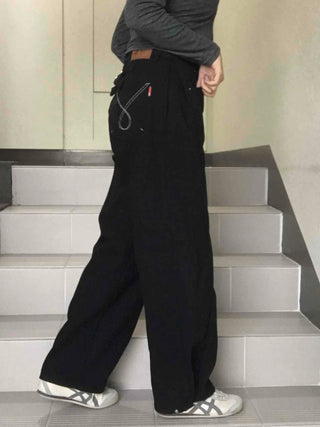 Stitch Point Back Buckle Simple Loose Fit Straight Long Pants