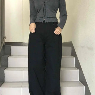 Stitch Point Back Buckle Simple Loose Fit Straight Long Pants
