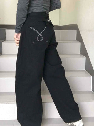 Stitch Point Back Buckle Simple Loose Fit Straight Long Pants