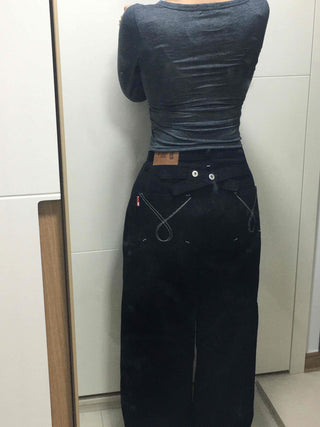 Stitch Point Back Buckle Simple Loose Fit Straight Long Pants