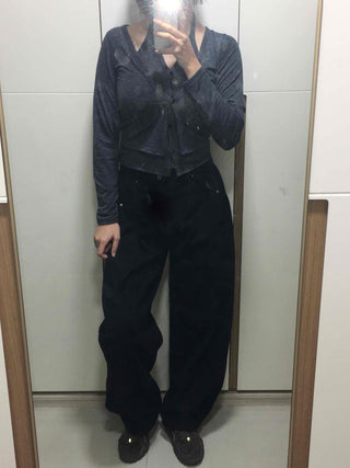 Stitch Point Back Buckle Simple Loose Fit Straight Long Pants