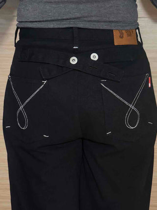 Stitch Point Back Buckle Simple Loose Fit Straight Long Pants