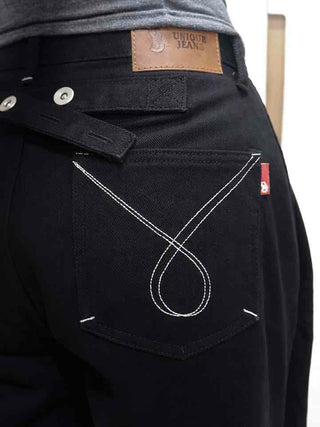 Stitch Point Back Buckle Simple Loose Fit Straight Long Pants