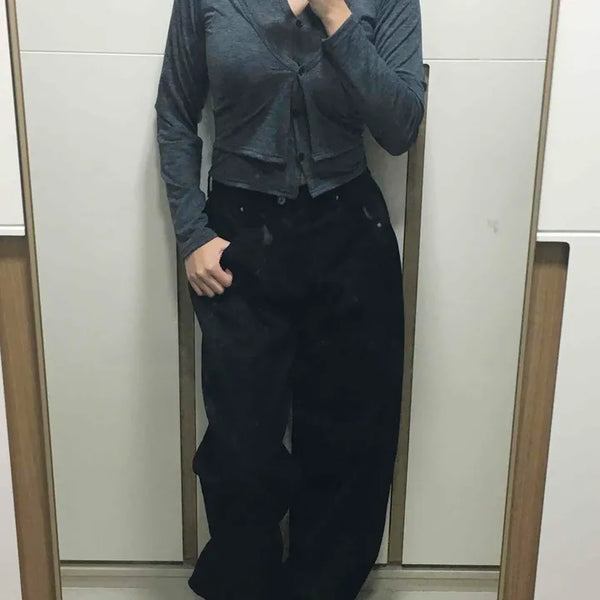 Center Fading High-Waisted Baggy Denim Pants
