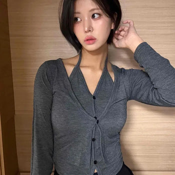 Angora Knit Tailored Collar Crop Cardigan