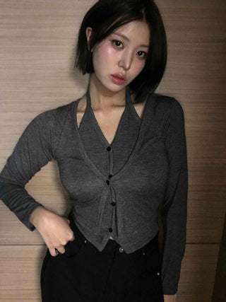 Angora Knit Tailored Collar Crop Cardigan