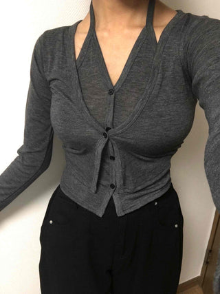 Angora Knit Tailored Collar Crop Cardigan