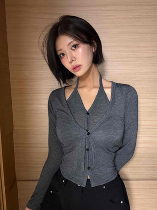 Angora Knit Tailored Collar Crop Cardigan