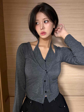 Angora Knit Tailored Collar Crop Cardigan