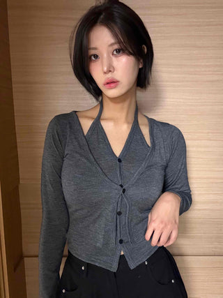 Angora Knit Tailored Collar Crop Cardigan