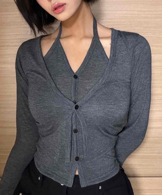 Angora Knit Tailored Collar Crop Cardigan