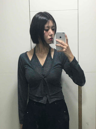 Angora Knit Tailored Collar Crop Cardigan