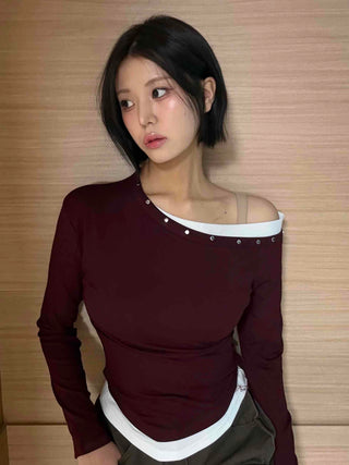 Glam Pearl Studded Boat Neck Slim Fit Long Sleeve T-shirt