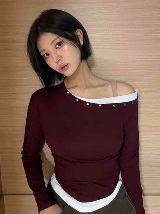 Glam Pearl Studded Boat Neck Slim Fit Long Sleeve T-shirt