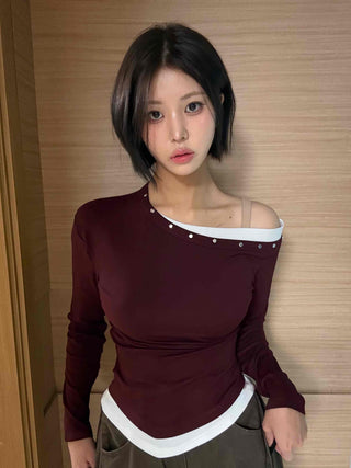 Glam Pearl Studded Boat Neck Slim Fit Long Sleeve T-shirt