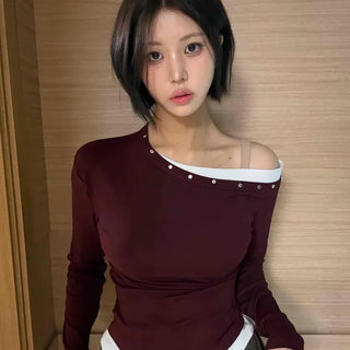 Glam Pearl Studded Boat Neck Slim Fit Long Sleeve T-shirt