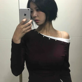 Glam Pearl Studded Boat Neck Slim Fit Long Sleeve T-shirt