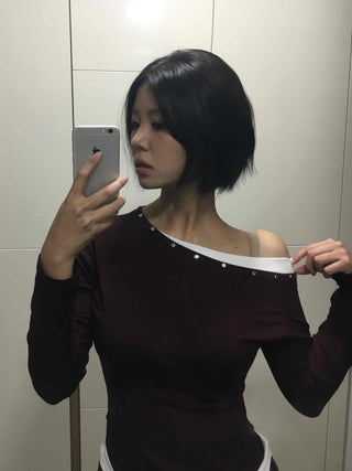 Glam Pearl Studded Boat Neck Slim Fit Long Sleeve T-shirt