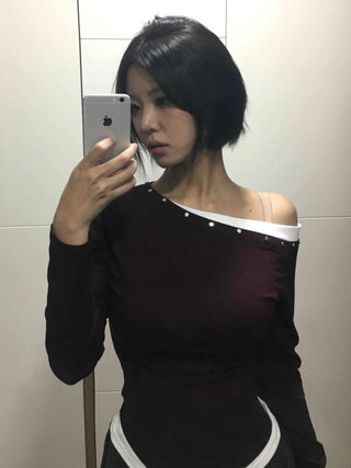 Glam Pearl Studded Boat Neck Slim Fit Long Sleeve T-shirt