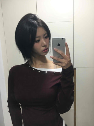 Glam Pearl Studded Boat Neck Slim Fit Long Sleeve T-shirt