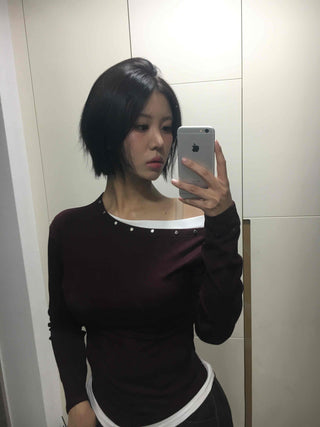Glam Pearl Studded Boat Neck Slim Fit Long Sleeve T-shirt