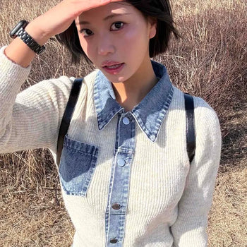 Snap Button Shirt Layered V-Neck Shoulder Pad Knit Cardigan
